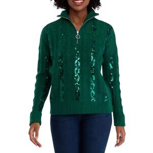 Crown & Ivy NWT Green Sequined CableKnit 1/4 Zip Sweater Size XL